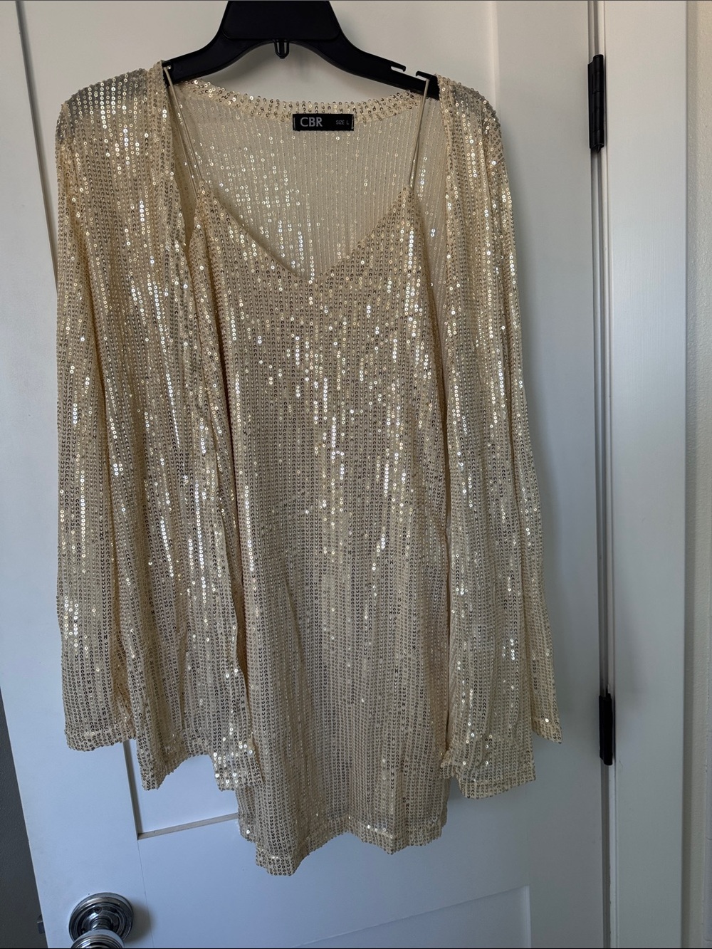 CBR Gold Sequin Sleeveless V-Neck Slip Dress (lined) with Matching Open Cardigan